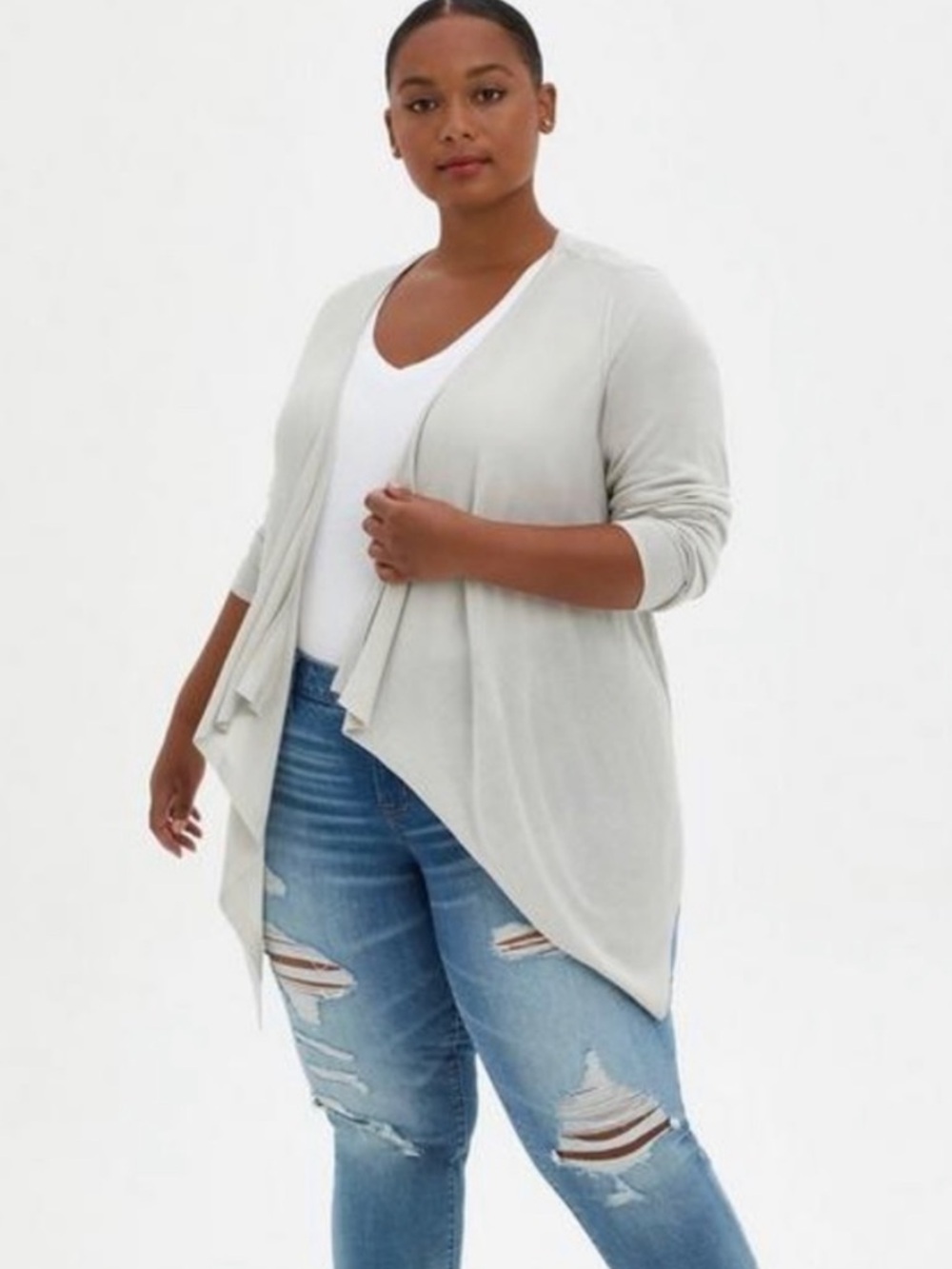 Torrid Light Gray Draped Open-Front Cardigan with Embroidered Back Size 1X